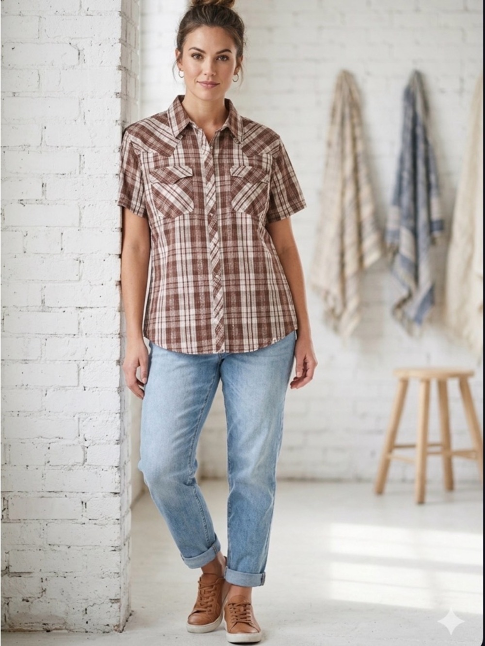 Bit & Bridle for HER XXL Brown and White Sparkle Plaid Casual Shirt